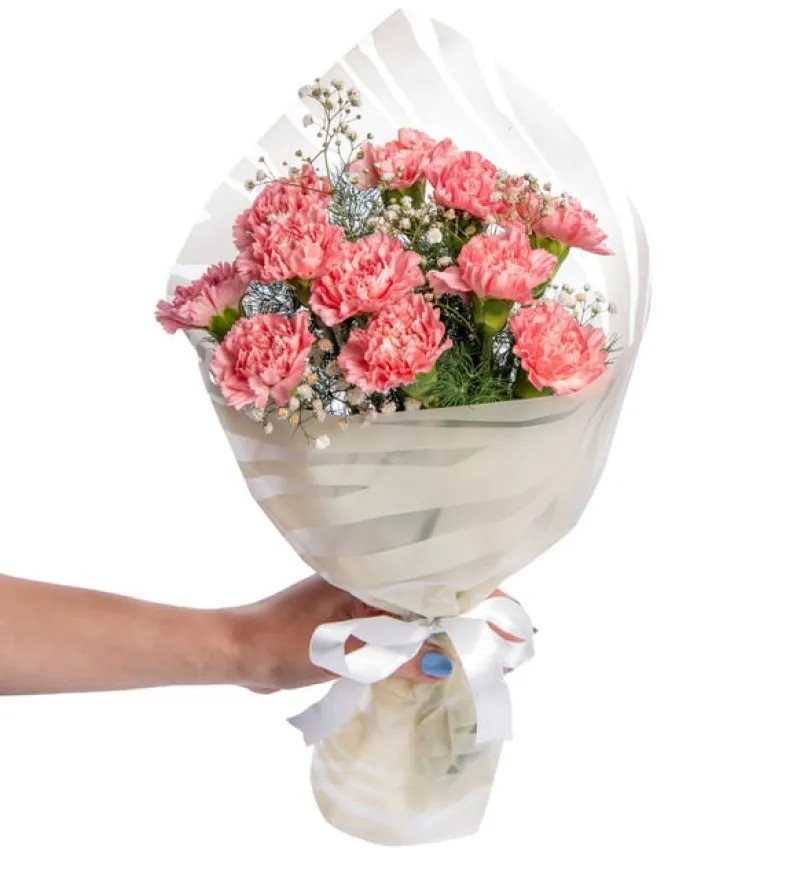 Leopar Krem Bukette Pembe Karanfiller ve Cipsolar